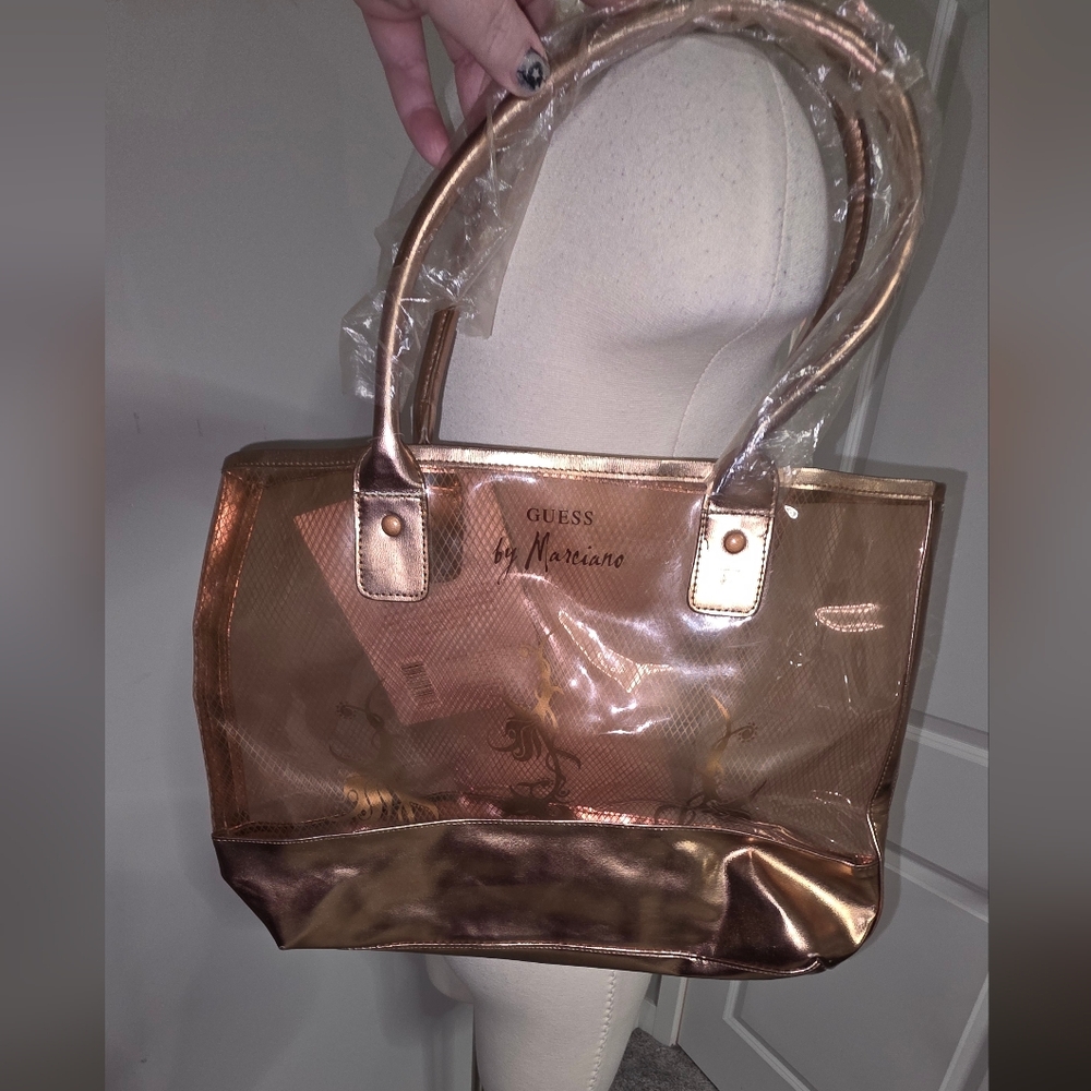 Guess vinyl Clear & Bronze tote shopper bag GWP 16"x11" NWT